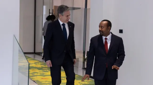 US Secretary of State Antony Blinken (L) meets Ethiopian Prime Minister Abiy Ahmed Ali (R) within his visit in Addis Ababa, Ethiopia on March 15, 2023.