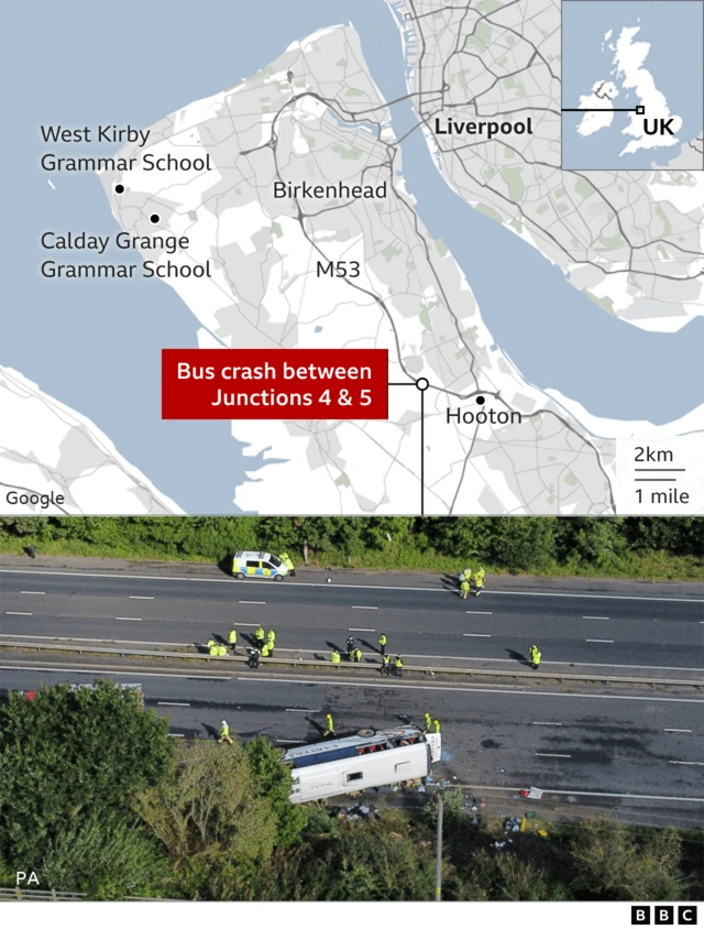 A map of where the crash took place - and an accompanying image of emergency responders at the scene