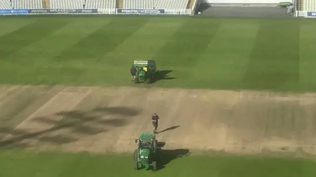 The Edgbaston groundstaff tidy up at the end of the longest-ever English domestic season