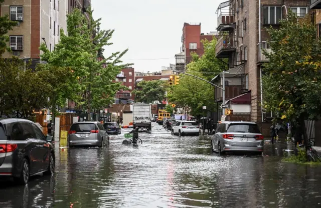 A general view of a flooded street in Williamsburg, New York on September 29