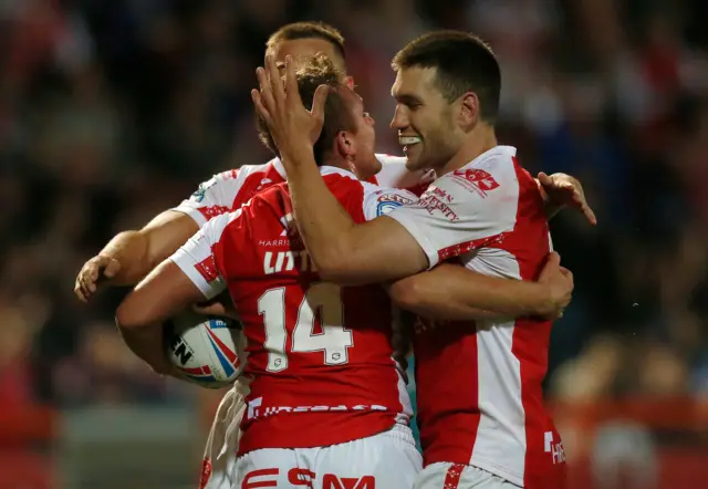 Hull KR's Jez Litten celebrates scoring against Leigh