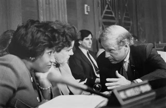 Democratic Senator Carol Moseley Braun of Illinois, Dianne Feinstein of California, and Joe Biden of Delaware. November 13, 1993