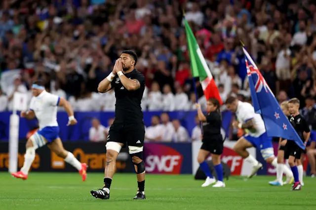 Ardie Savea of New Zealand gestures prior to kick-off