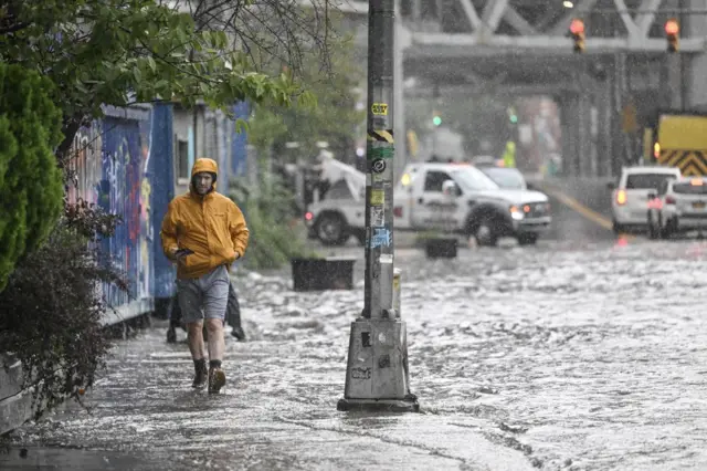 A view from a flooded street in Brooklyn, New York