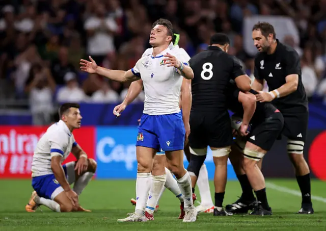 Luca Morisi of Italy reacts after New Zealand score