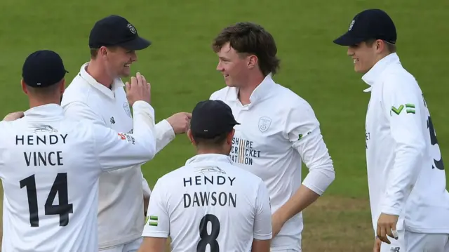 Tom Prest takes a wicket for Hampshire