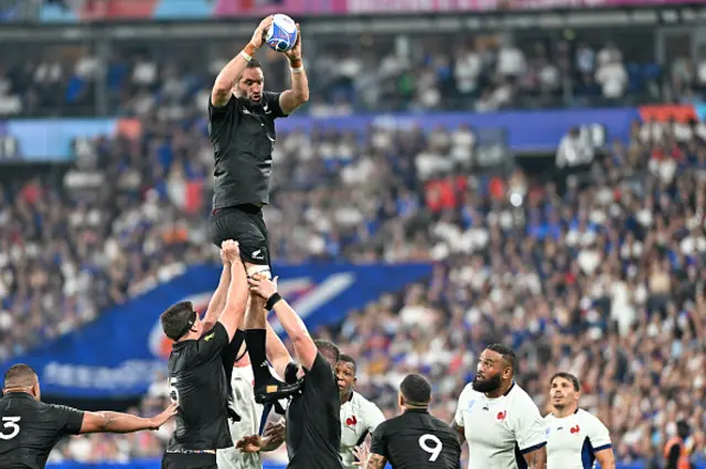 Samuel Whitelock of New Zealand wins the ball in lineout