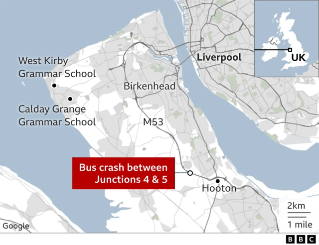 Map showing Junctions 4 and 5 of the M53 along with the locations of Calday Grange Grammar School and West Kirby Grammar School