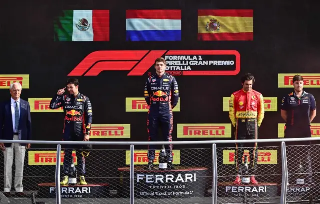 verstappen, perez and sainz on podium