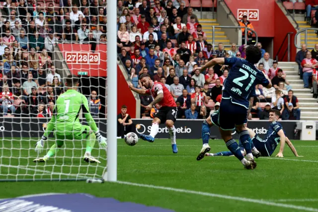 Adam Armstrong scores his second goal against Leeds