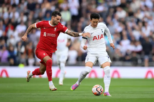 Dominik Szoboszlai battles for possession with Heung-Min Son