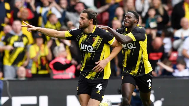 Wesley Hoedt celebrates scoring for Watford