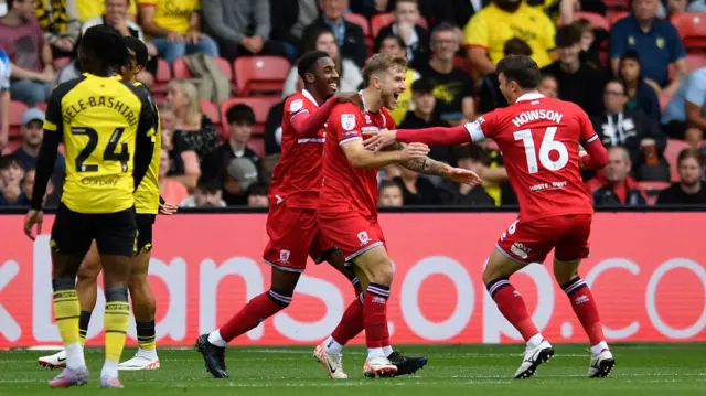 Riley McGree celebrates scoring for Middlesbrough at Watford