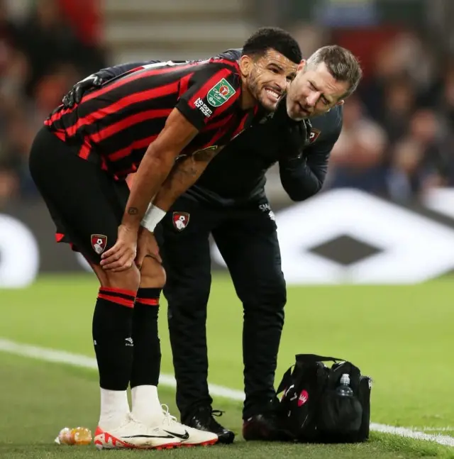 Solanke stands on his haunches with a physio by his side.