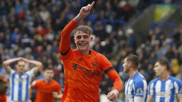 Ipswich defender Brandon Williams celebrates his late equaliser at Huddersfield