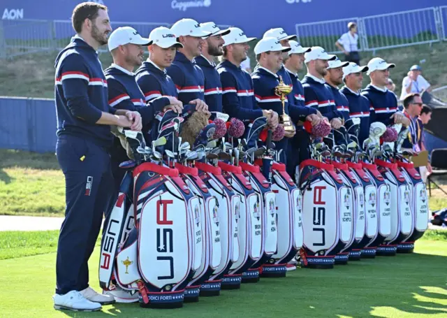 US Ryder Cup team with Patrick Cantlay the only player not wearing a cap