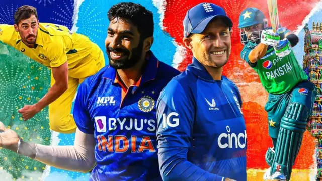 A Cricket World Cup graphic containing Australia's Mitchell Starc, India's Jasprit Bumrah, England's Joe Root and Pakistan's Babar Azam