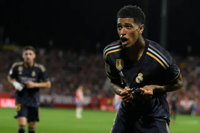 Jude Bellingham celebrates scoring for Real Madrid against Girona in La Liga.