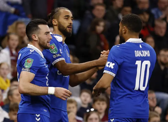 Everton players congratulate Calvert-Lewin after his goal at Villa.