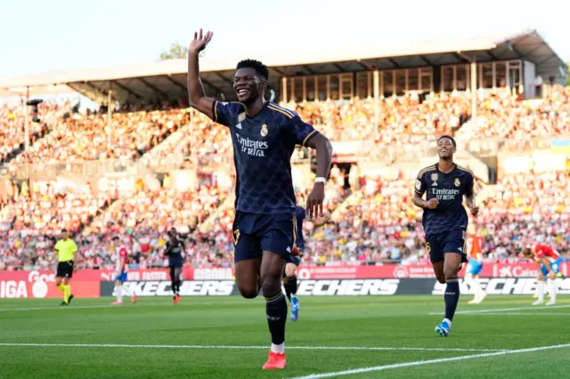 Aurelien Tchouameni celebrates scoring for Real Madrid against Girona