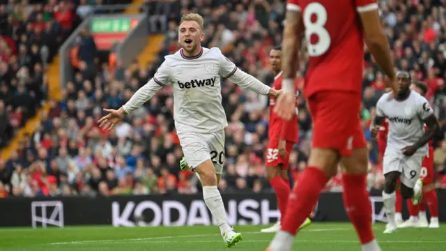 Jarrod Bowen celebrates scoring at Anfield.