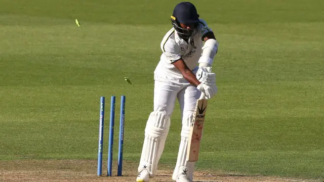 Warwickshire's Kraigg Brathwaite is bowled