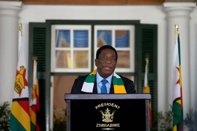 President of Zimbabwe Emmerson Mnangagwa addresses a press conference at State House in Harare on August 27, 2023.