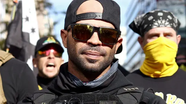 Members of the far-right Proud Boys, including leader Enrique Tarrio (C), rally in support of U.S. President Donald Trump to protest against the results of the 2020 U.S. presidential election, in Washington, U.S. November 14, 2020.