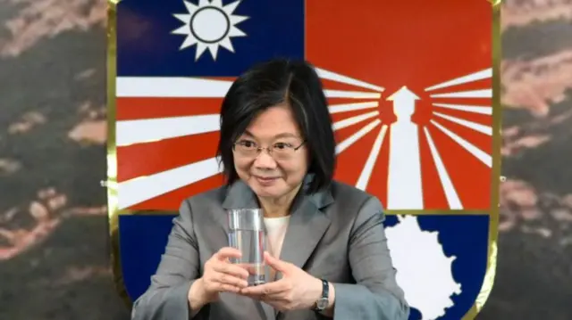 Taiwan President Tsai Ing-wen toasts to the relatives of fallen soldiers during a lunch at a military base to mark the 65th anniversary of the Second Taiwan Strait Crisis in Kinmen on August 23, 2023.