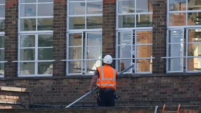 Remedial work being carried out at Mayflower Primary School in Leicester, which has been affected with sub standard reinforced autoclaved aerated concrete (Raac)