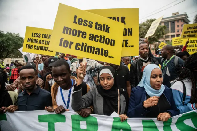 Africa climate activists take to the streets of Nairobi, rallying for ambitious advancements in renewable energy and urging delegates to engage actively in discussions to expedite the phase-out of fossil fuels during the Africa Climate Summit, at Nairobi's Kenyatta International Convention Centre (KICC)