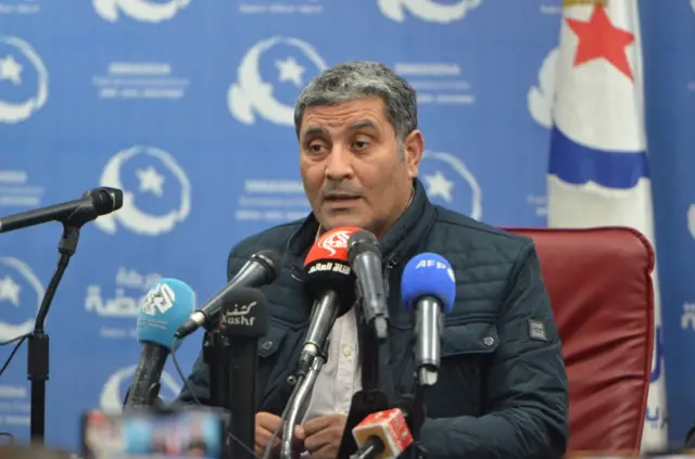 Mondher Ounissi, Member of the Executive Office of the Ennahda Movement speaks during press conference at Ennahda Party headquarters as Rached Ghannouchi, one of the main opponents of Tunisian President Kais Saied, has been arrested on April 17, 2023 in Tunis, Tunisia.