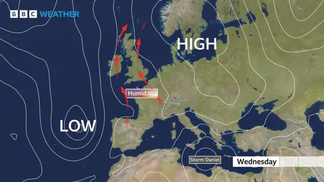 Graphic showing humid air on Wednesday across UK