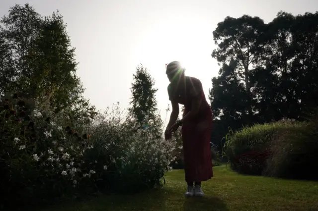 A visitor Royal Botanic Gardens in Kew, west London, walks through the Grass garden as the sun rises. Forecasters are predicting a "last dose of summer", with warm spells reaching 32C on Wednesday and Thursday in central and southern England.