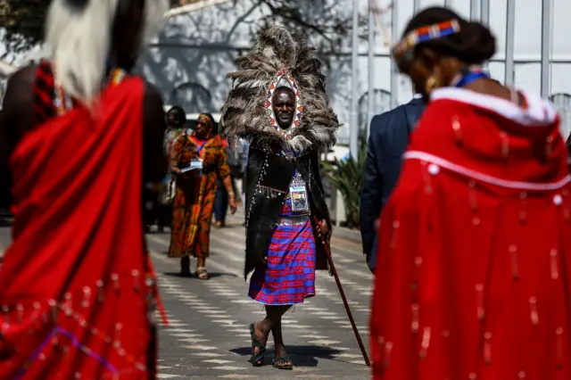 Kenyan Maasai traditional dancers during the announcement of the Africa Climate Summit's Nairobi Declaration of the Inaugural Africa Climate Summit (ACS23), at the Kenyatta International Convention Centre (KICC) in Nairobi, Kenya, 06 September 2023.