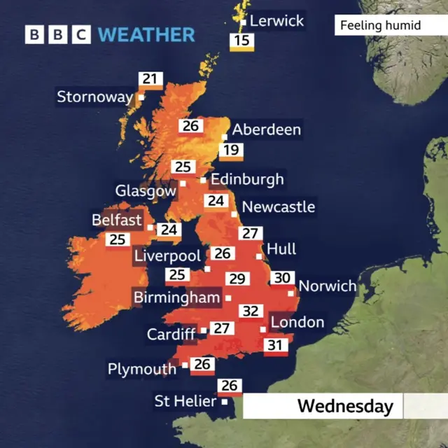 UK map showing maximum temperature forecast for Wednesday 6 September