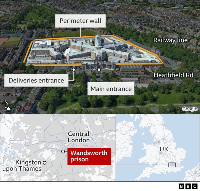 Diagram shows areas around Wandsworth prison