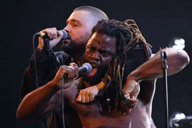 Graham Hastings and Kayu Bankole of Young Fathers perform onstage during The Mercury Prize 2023 awards show at Eventim Apollo on September 07, 2023