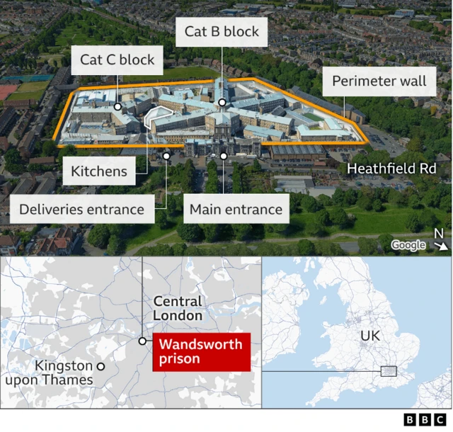 Graphic of Wandsworth prison and a map of its location in London and the UK