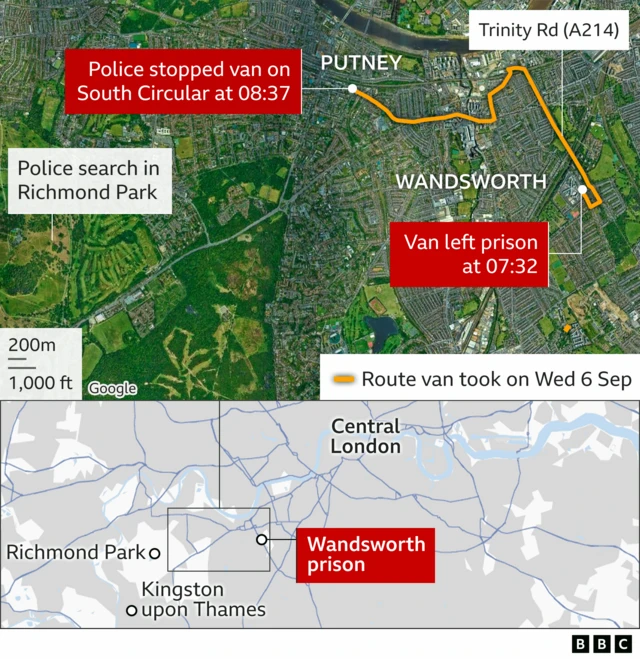 Map showing distance between Wandsworth prison and Richmond park