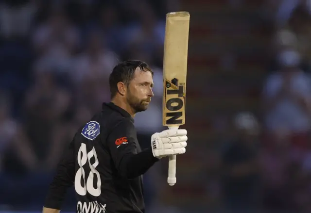 Devon Conway celebrates his century in the first ODI against England