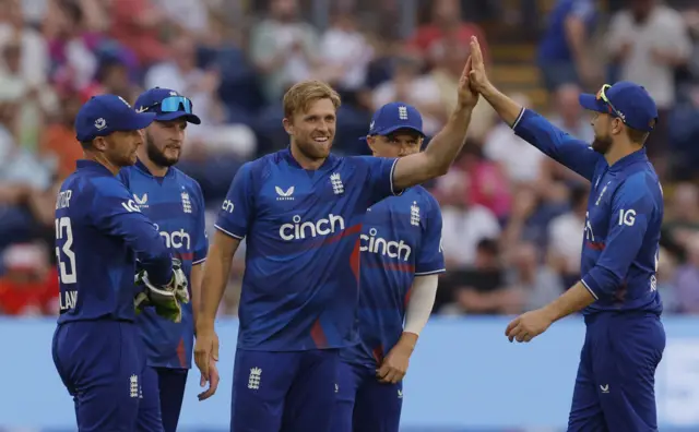 David Willey celebrates the wicket of Henry Nicholls