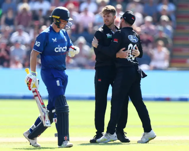 Harry Brook walks off, looking dejected, after being dismissed by Lockie Ferguson