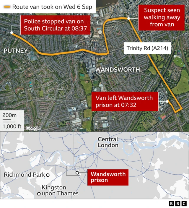 A map showing the journey of the delivery van from Wandsworth prison to Putney in London