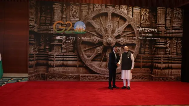 Prime Minister Narendra Modi welcomes UK Prime Minister Rishi Sunak to the G20 Leaders' Summit on September 9, 2023 in Delhi