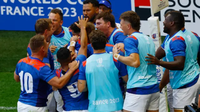 Namibia celebrate a try against Italy