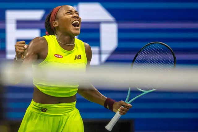 Coco Gauff celebrates at US Open