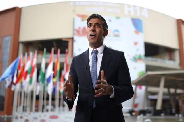 Prime Minister Rishi Sunak of the United Kingdom speaks to the media at the G20 Leaders' Summit on September 9, 2023 in Delhi