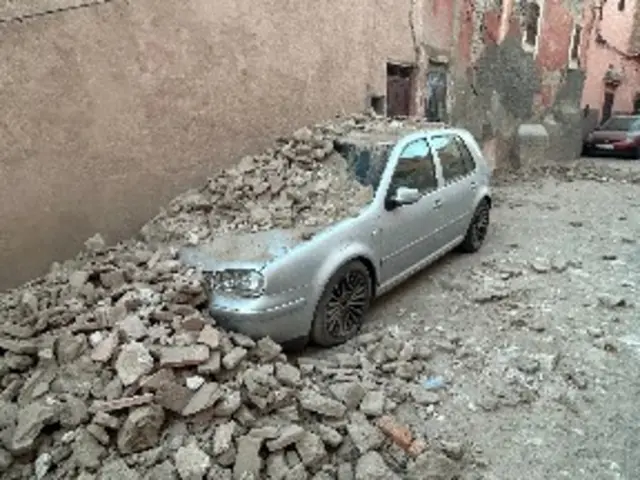 A car has been stuck under the rubble after the earthquake in the souk in Marrakesh, 9 September 2023