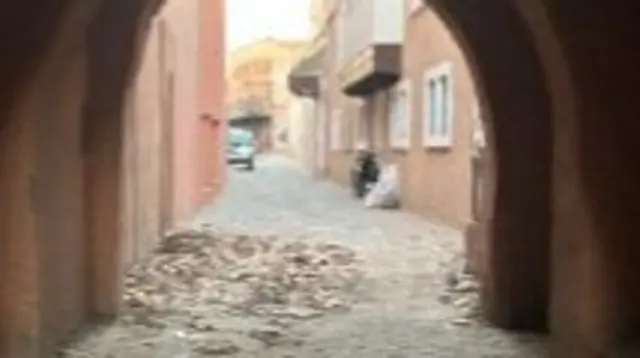 Some rubbles can be seen on the alleys of the souk in Marrakesh, 9 September 2023